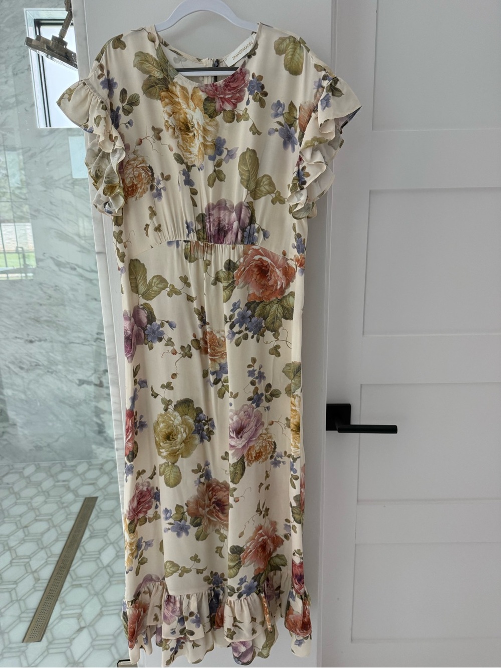 Zimmermann Cream Floral Midi Dress with Multicolor Roses